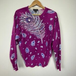 Vintage Suzelle Pink Sequin Cardigan M Lambswool Rabbit Hair Feather Trim